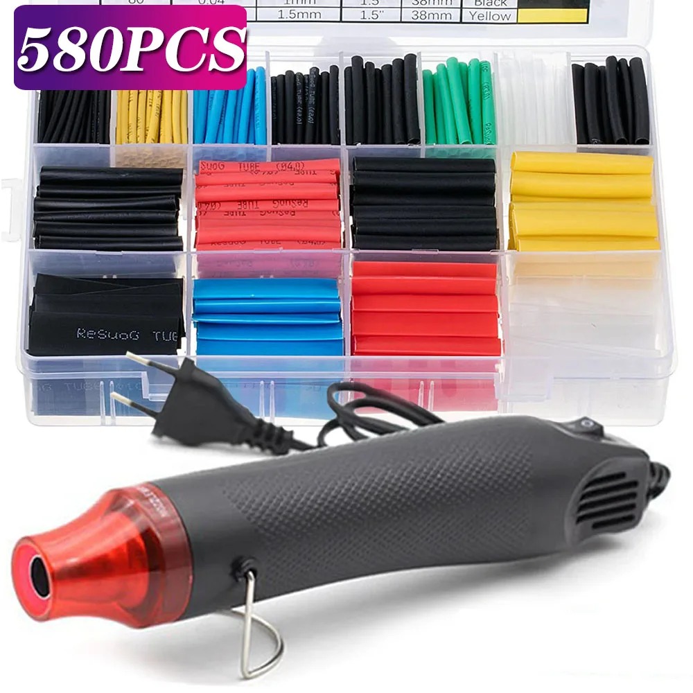 Heat Gun Small - 580/530/127個入り熱収縮チューブキット 2:1収縮率 ワイヤー収縮ラップチューブ ワイヤ接続カバー保護 ホットエアガン付き