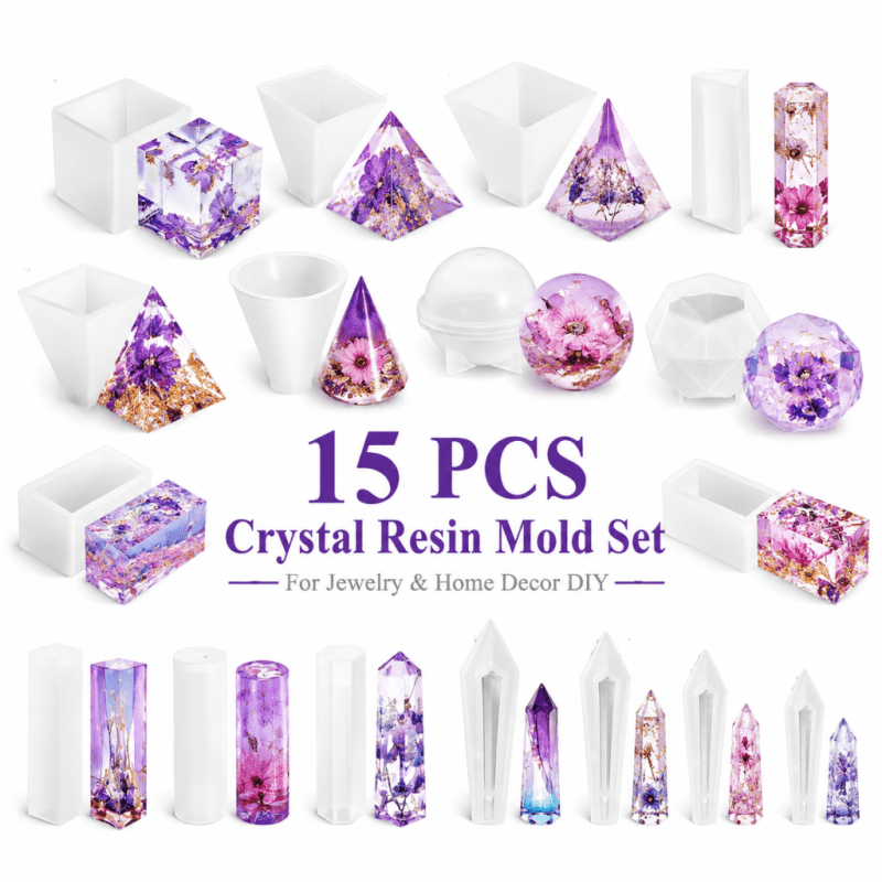 Resin Jewelry Kit - 15個入りクリスタルレジンシリコンモールドセット、ジュエリー収納、リングホルダー、ペンダント、装飾品、家の装飾、手作りのクリスマスプレゼント用のユニークなデザイン