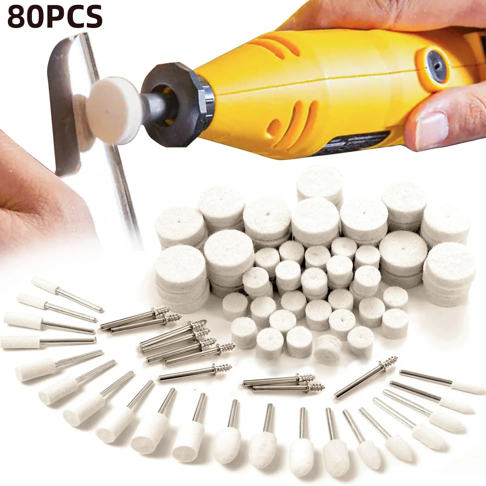 Resin Crafts Diy - 80個入りウールフェルトバフ研磨ホイールキット、1/8インチシャンク回転工具研磨ホイール、金属、ジュエリー、木材、プラスチック、樹脂用