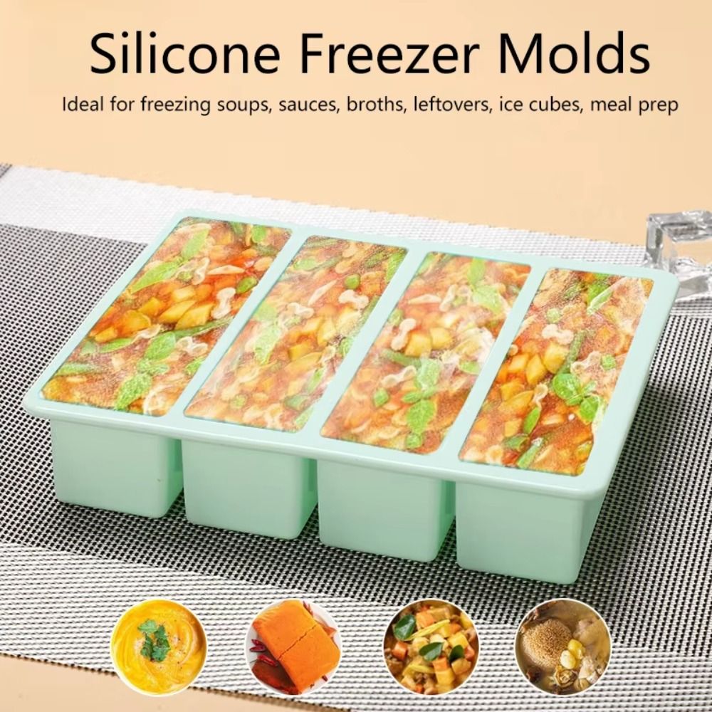新しい4グリッド巨大食品保存容器、蓋付きシリコン製冷凍トレイ - Serving Tray Mold のレビューと価格